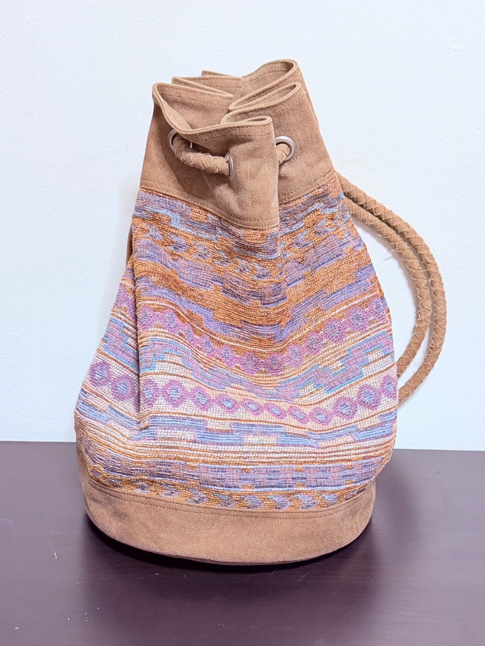 TOM Boho Embroidered Drawstring Bucket Bag - Tan & Pastel